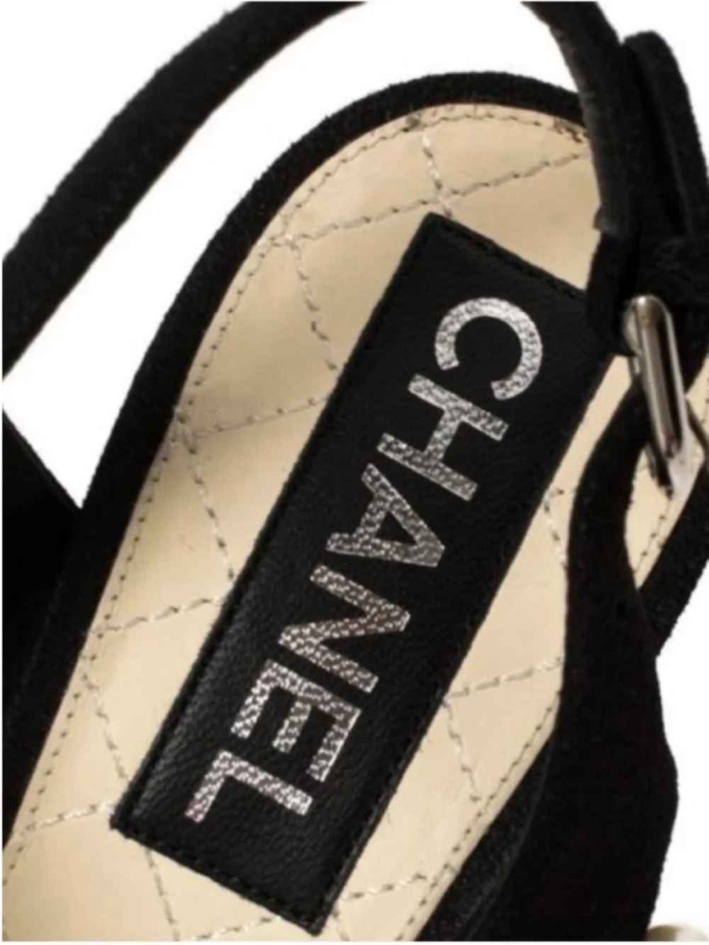 CHANEL 2014 Runway Black Suede Faux Pearl CC Slingback Sandals NWOT